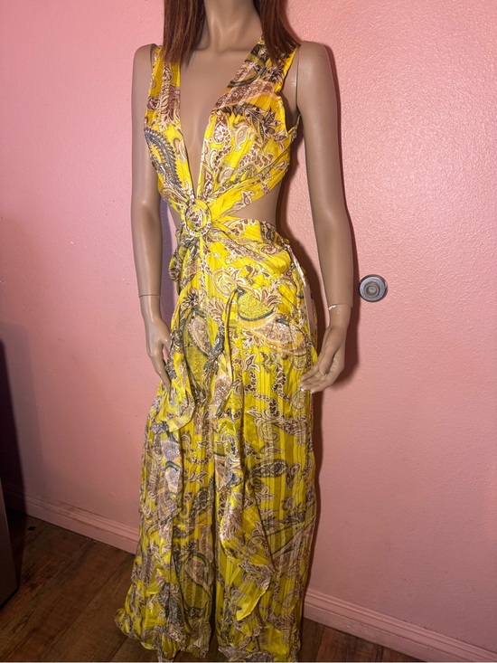 Rosevelvet Pants - Rosevelvet Boho Yellow Paisley Open Back Plunge Jumpsuit M